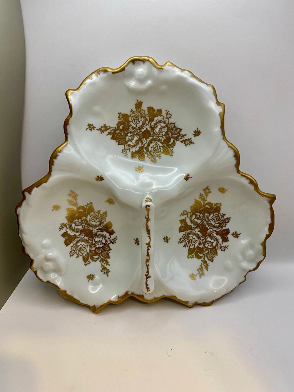 Vintage Revol Fonde en 1789 French Porcelain Divided Serving Dish Gold Roses